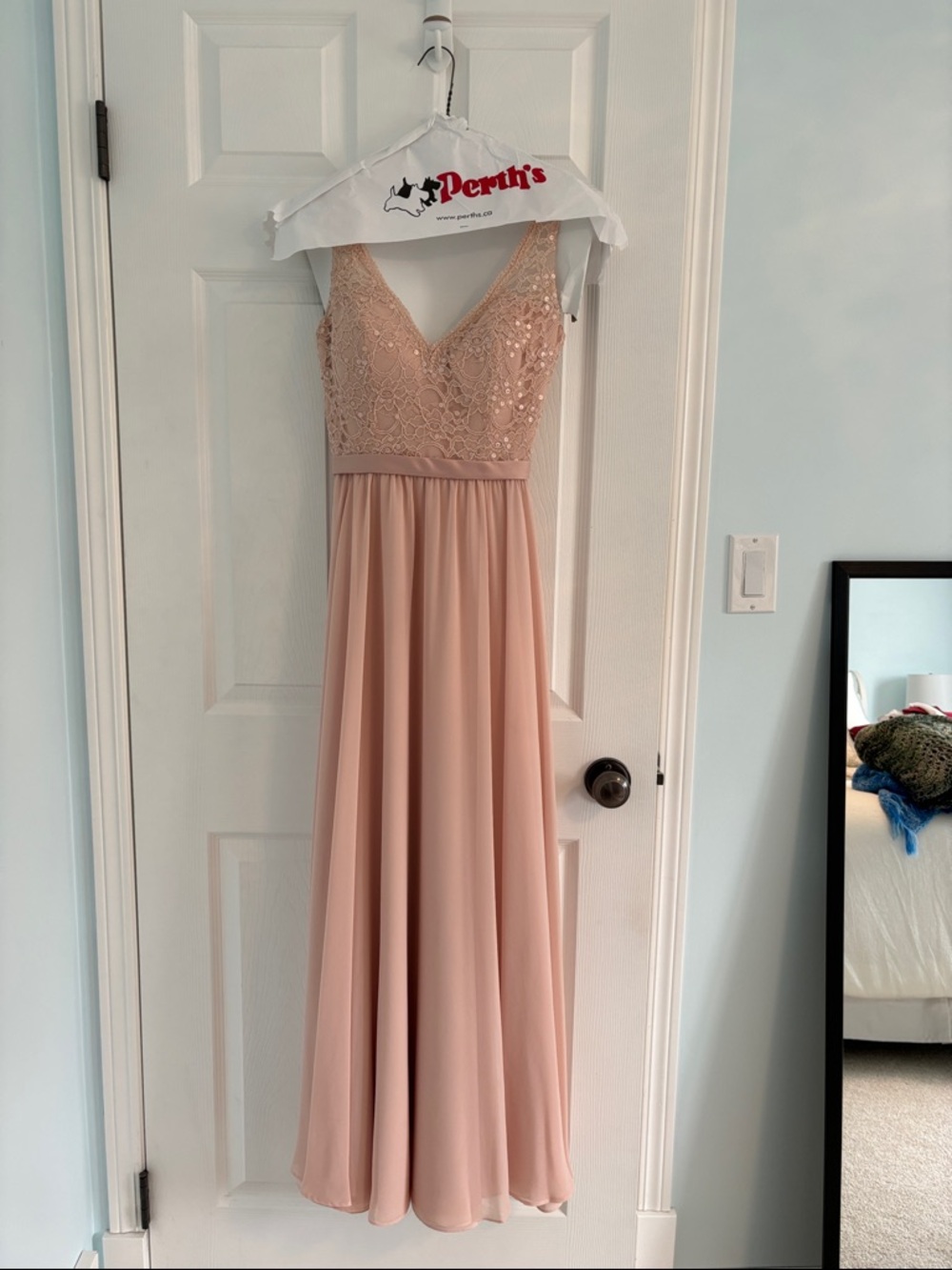 Blush Pink V-Neck Prom Dress with Sequin Lace Bodice